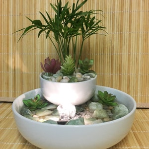 Tranquility Tabletop Jade Water Garden Fountain With Live Palm, Zen #909