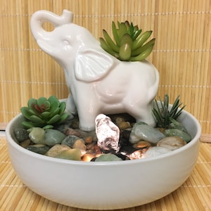 Fountain Tranquility Tabletop Elephant Water Fountain Jade With Artificial Succulents,  Zen #787