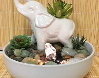 Fountain Tranquility Tabletop Elephant Water Fountain Jade With Artificial Succulents,  Zen #787