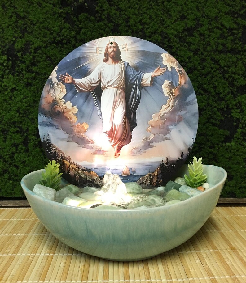 Tranquility Tabletop Water Fountain With Jesus Descending 983 Etsy