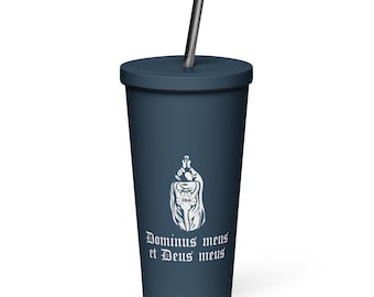 May include: A dark blue reusable tumbler with a white design featuring a knight holding a sword and the text "Dominus meus et Deus meus". The tumbler has a black lid and a silver straw.