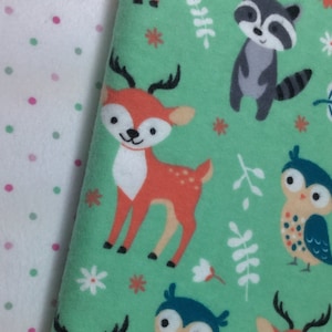 Raccoons, Owls, Little Deer on Green Cotton Flannel Receiving Blankets, Set of Two, XL Large Size, Double-Turn Hemmed, Handmade in USA