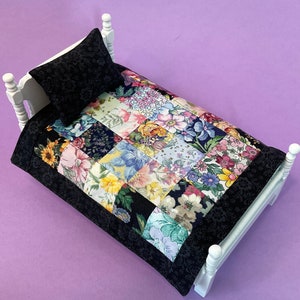 Watercolor Miniature Dollhouse Quilt and Pillow for 12th Scale Dollhouse, Floral Patchwork, Twin/Single, Handmade Finished Miniature Quilt