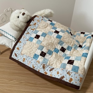 Doll Quilt and Pillow, Blue Teddy Bear Patchwork for Stuffed Animals, 18-Inch Dolls, Other Toys, Blue and Off-White 9-Patches, Baby Lovey