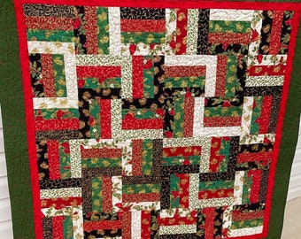 Christmas Quilt, Finished Handmade Quilt, Throw Size for Sofa,  Rail Fence Pattern in Red, Green, Black, Cream, Gold Metallic, Holiday Quilt