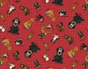 Dog fabric by half yard, puppy printed quilting cotton, cat quilting fabric, cat sewing fabric, red puppy cotton fabric, Henry Glass