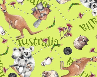 Tissu koala d'un demi-mètre, tissu animal, coton à courtepointe imprimé, tissu à courtepointe koala, tissu à coudre kangourou, enfants, tissu pour enfants
