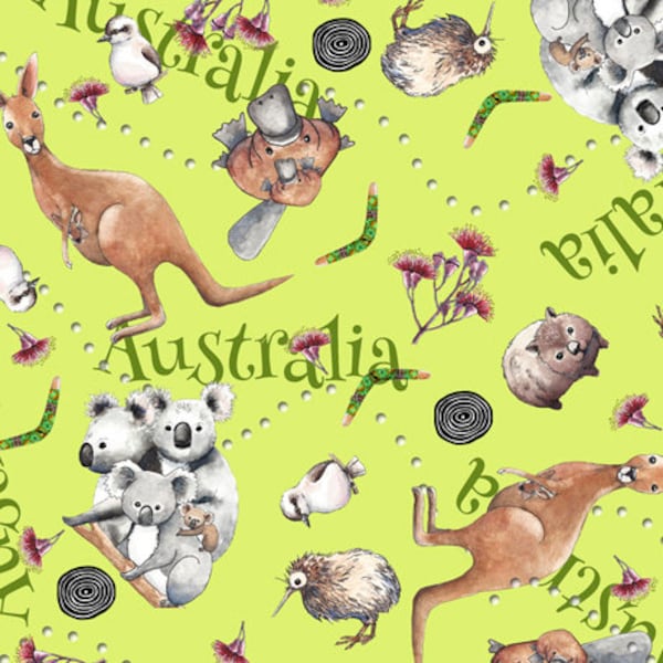 Koala fabric by half yard, animal fabric, printed quilting cotton, koala quilting fabric, kangaroo sewing fabric, kids, children fabric