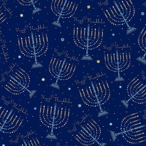Hanukkah fabric by half yard, holiday cotton, winter quilting cotton, menorah quilting fabric, blue winter sewing fabric, winter fabric