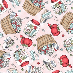Sewing buttons fabric by half yard, pink notions cotton, measuring tape quilting cotton, pink sewing items quilting fabric, sewing fabric
