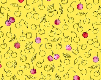 Cherry fabric by half yard, berry print fabric, yellow cherry quilting cotton, sweet treat quilting fabric, sweet sewing fabric