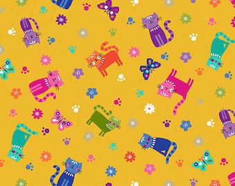 Cat fabric by half yard, bright cat printed quilting cotton, cat quilting fabric, scatter cat sewing fabric, Andover yellow cat fabric