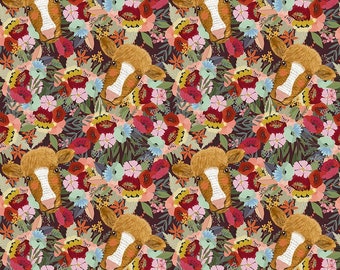 Farm fabric by half yard, homestead fabric, floral quilting fabric, floral cow sewing fabric, garden fabric, farm animals quilting cotton