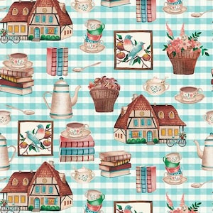 Teetassen und Teekanne Stoff 100% Baumwolle, tea time print Stoff, Cottage Quilting Stoff, grüner Teekannenstoff, Nähstoff, Quilting Stoff