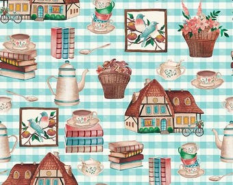 Teetassen und Teekanne Stoff 100% Baumwolle, tea time print Stoff, Cottage Quilting Stoff, grüner Teekannenstoff, Nähstoff, Quilting Stoff