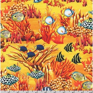 Bright fish fabric by half yard, ocean fabric, printed quilting cotton, sea quilting fabric, coral reef sewing fabric, aquarium cotton