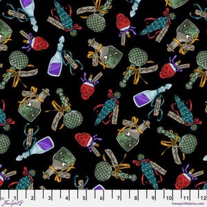 May include: Black fabric with a repeating pattern of potion bottles, poison-labeled skulls, and other fantasy elements. The bottles are various shapes and colors, with labels reading "Henlock" and "Wolfsbane".