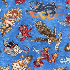 Biker tattoo fabric by half yard, biker fabric, tattoo printed quilting cotton, biker quilting fabric, men sewing fabric, tattoo fabric