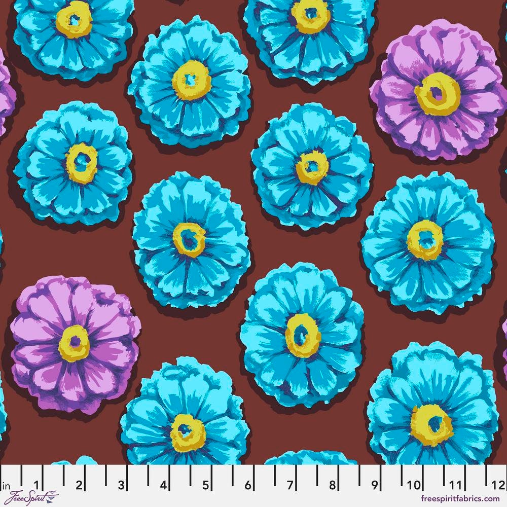Flower fabric by half yard, Kaffe Fassett 85 & Fabulous quilting cotton, Zinnia Aqua sewing fabric, floral blue cotton fabric, large floral