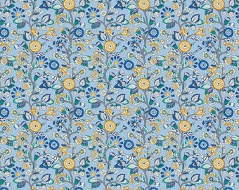 Floral fabric by half yard, blue fabric, printed quilting cotton, flower quilting fabric, floral sewing fabric, floral cotton, nature fabric