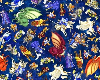 Dragon fabric by half yard, knight quilting cotton, dragon quilting fabric, dragon and knight sewing fabric, kids, Dragon Quest Fantasy