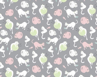 Kattenstof op halve meter, grappig kattenbedrukt quiltkatoen, kattenquiltstof, kattennaaistof, speelse kattenkatoenstof, garen en kat