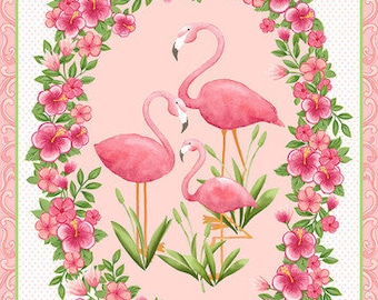 Flamingo Panel fabric, bird panel, Blank Quilting flamingo quilting panel, pink flamingo panel quilting fabric, pink garden panel