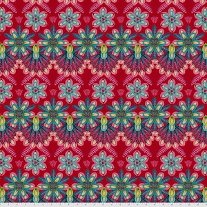 Floral fabric by half yard, bright red cotton, flower quilting cotton, red floral quilting fabric, Free spirit floral sewing fabric