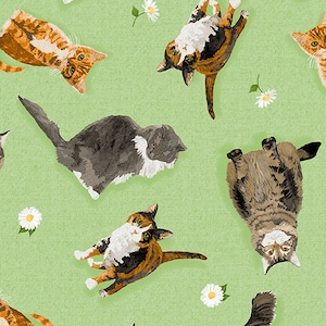 Cat fabric by half yard, funny cat printed quilting cotton, cat quilting fabric, cat sewing fabric, green kitten cotton fabric