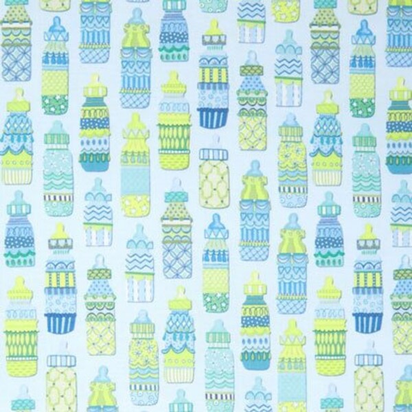 Baby bottles on blue fabric by half yard, baby bottles fabric, baby boy printed quilting cotton, quilting fabric, baby boy sewing fabric