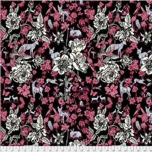 Floral fabric by half yard, deer fabric, printed quilting cotton, animal quilting fabric, flower sewing fabric, fawn fabric, black floral