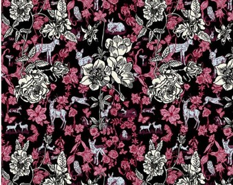 Floral fabric by half yard, deer fabric, printed quilting cotton, animal quilting fabric, flower sewing fabric, fawn fabric, black floral