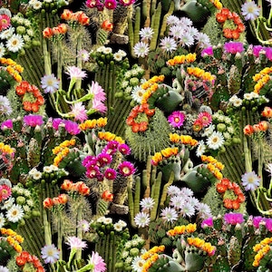 Floral fabric by half yard, succulent quilting cotton, garden quilting fabric, bright cactus sewing fabric, colourful cactus fabric