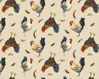 Farm fabric by half yard, homestead fabric, printed quilting cotton, chicken quilting fabric, rooster sewing fabric, chicken sewing fabric