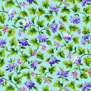 Light floral fabric by half yard, flower cotton, blue floral vine quilting cotton, reproduction quilting fabric, light garden sewing fabric