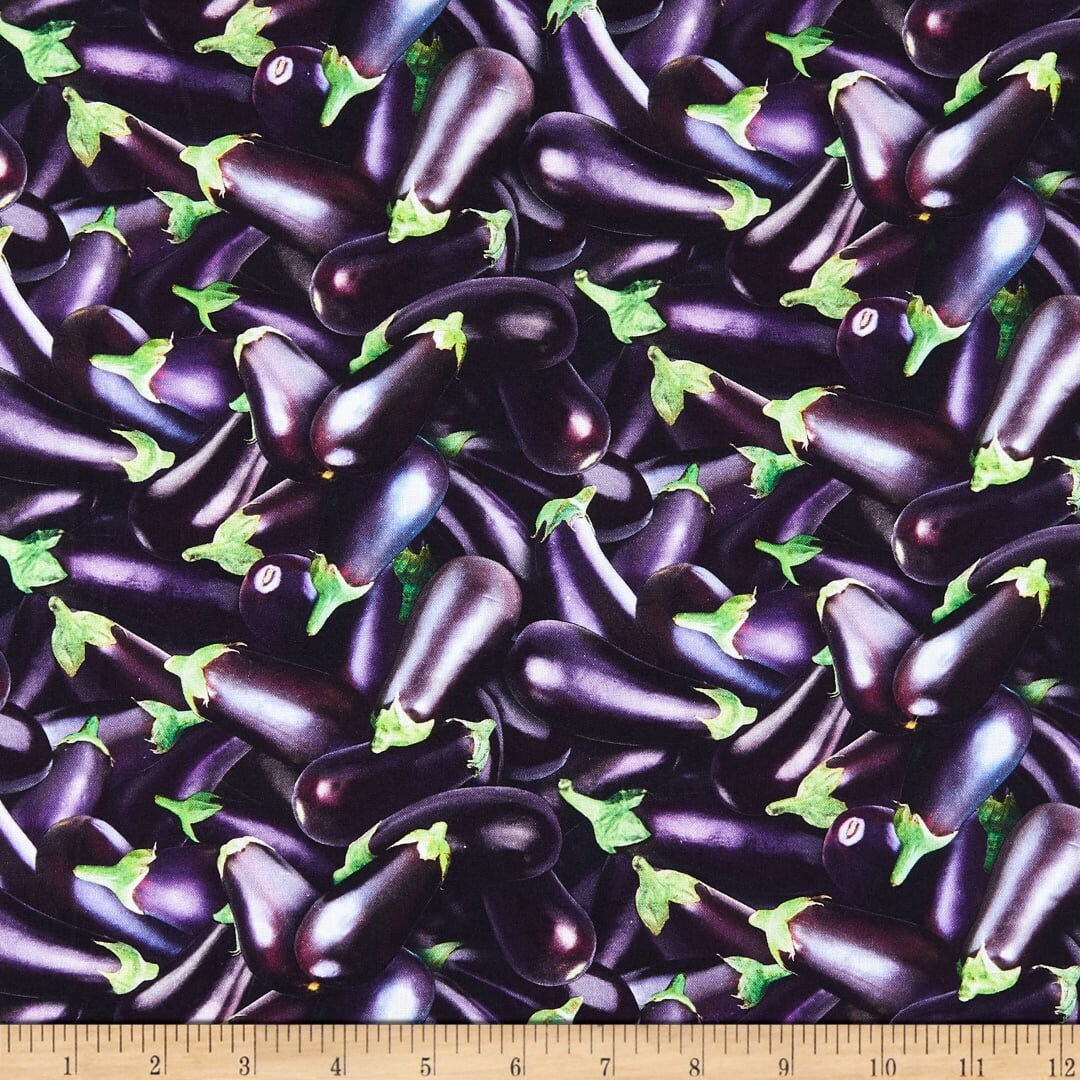 Eggplant Fabric by Half Yard, Eggplant Print Fabric, Eggplant Quilting Cotton, Veggie Quilting