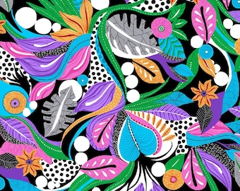 Floral fabric by half yard, bright fabric, printed quilting cotton, flower quilting fabric, floral sewing fabric, tropical floral cotton