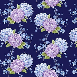 Purple floral fabric by half yard, flower cotton, hydrangea floral quilting cotton, purple floral quilting fabric, blue garden sewing fabric