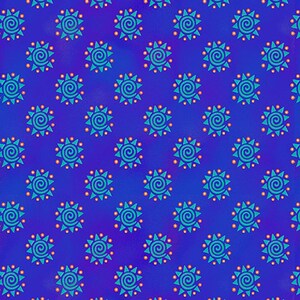 Puede incluir: Un patrón sin costuras de soles estilizados azules y naranjas sobre un fondo azul.