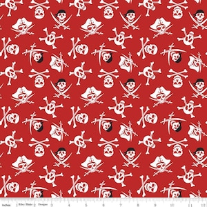 Pirate red fabric by half yard, pirate fabric, printed quilting cotton, red skull quilting fabric, cross bones sewing fabric, kids fabric
