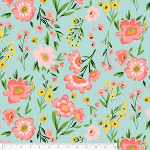 May include: A seamless pattern featuring pink and yellow flowers on a light blue background. The flowers are stylised and have a whimsical feel. The pattern is perfect for fabric, wallpaper, or other decorative projects.