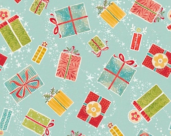 Könnte beinhalten: Ein blauer Hintergrund mit einem sich wiederholenden Muster aus bunten Geschenkboxen mit verschiedenen Designs. Die Boxen sind in rotes, grünes, gelbes und blaues Papier mit Bändern und Schleifen verpackt. Der Hintergrund ist mit weißen Sternen bedeckt.