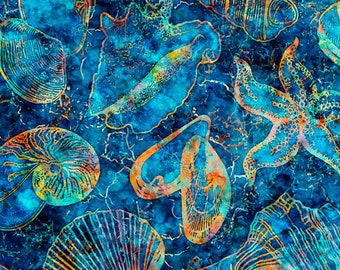 Shell fabric by half yard, ocean fabric, printed quilting cotton, sea quilting fabric, sea shells sewing fabric, shell cotton, oceana