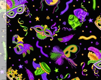 Mardi Gras fabric by half yard, carnival print fabric, celebration printed quilting cotton, bright quilting fabric, theater sewing fabric