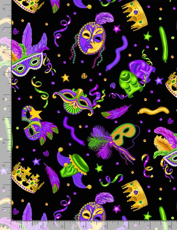 Mardi Gras fabric by half yard, carnival print fabric, celebration printed  quilting cotton, bright quilting fabric, theater sewing fabric