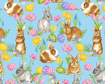Spring fabric by half yard, garden printed quilting cotton, Easter quilting fabric, bunny sewing fabric, rabbit cotton fabric, kids fabric