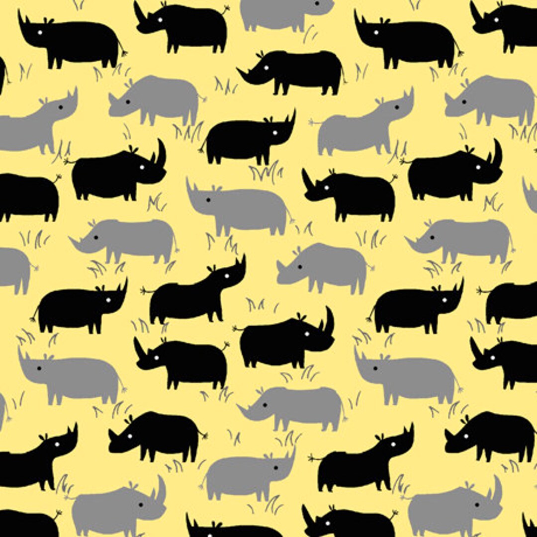 Rhino Fabric by Half Yard, Rhino Cotton, Yellow Rhinoceros Quilting