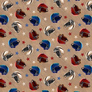 Motorcycle helmets on tan fabric by half yard, biker fabric, printed quilting cotton, biker quilting fabric, men sewing fabric, bike fabric