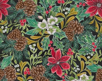 May include: A seamless pattern featuring a variety of winter holiday botanicals, including holly, pine cones, mistletoe, and poinsettias. The design is rendered in a hand-drawn style with a dark background.