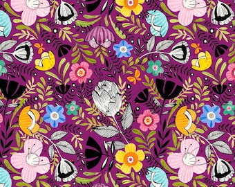 Tela floral morada de media yarda, algodón floral, algodón acolchado Joy, tela floral para acolchado, tela para coser flores, tela morada para jardín
